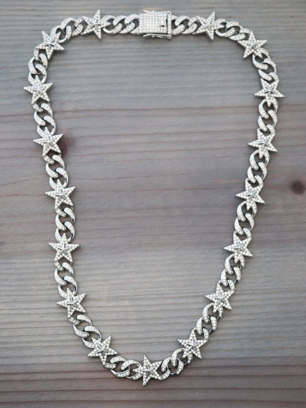 Stars & Cuban Ice Round Curb Diamond Chain Necklace with Rhinestones Silver Plat